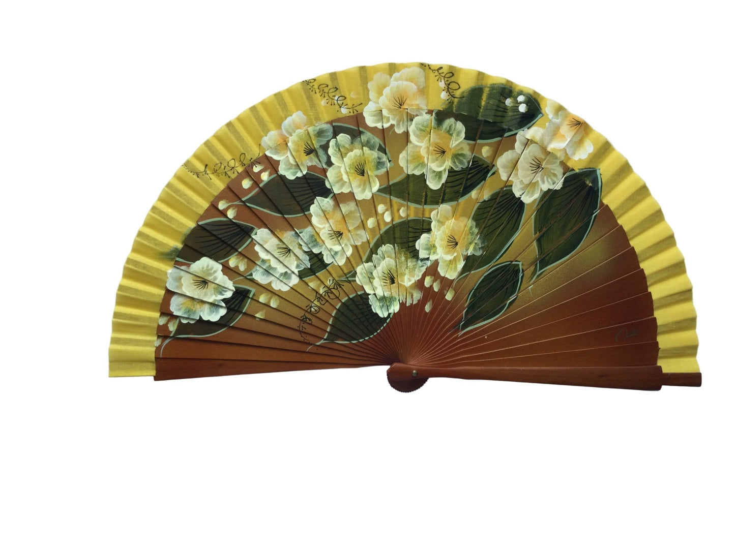 Abanico de madera con flores amarillas