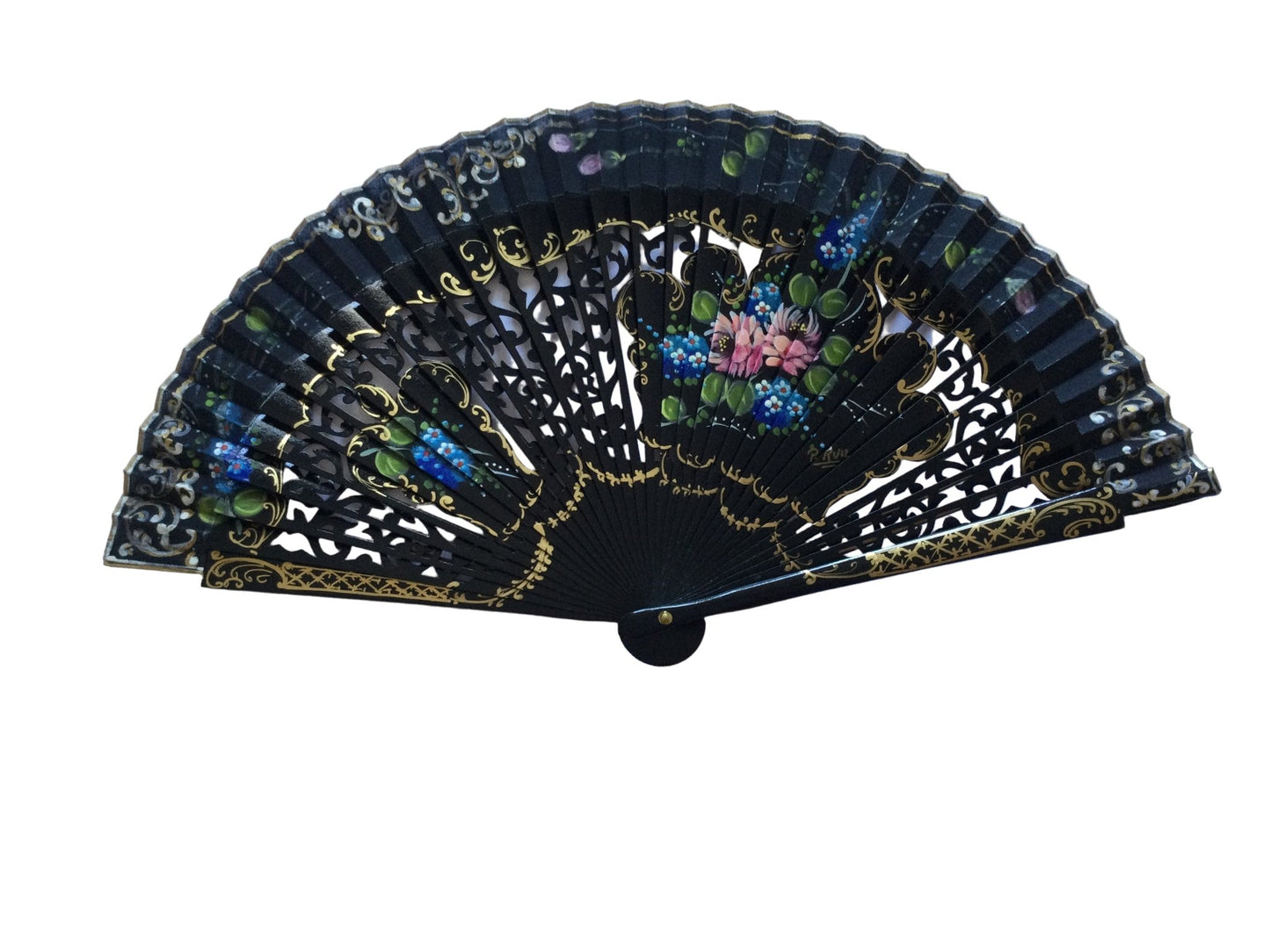 Abanico azul marino en madera calada